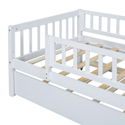 Start2Finish wood daybed with trundle and fence guardrails, showcasing a sturdy wooden frame in a cozy bedroom setting.