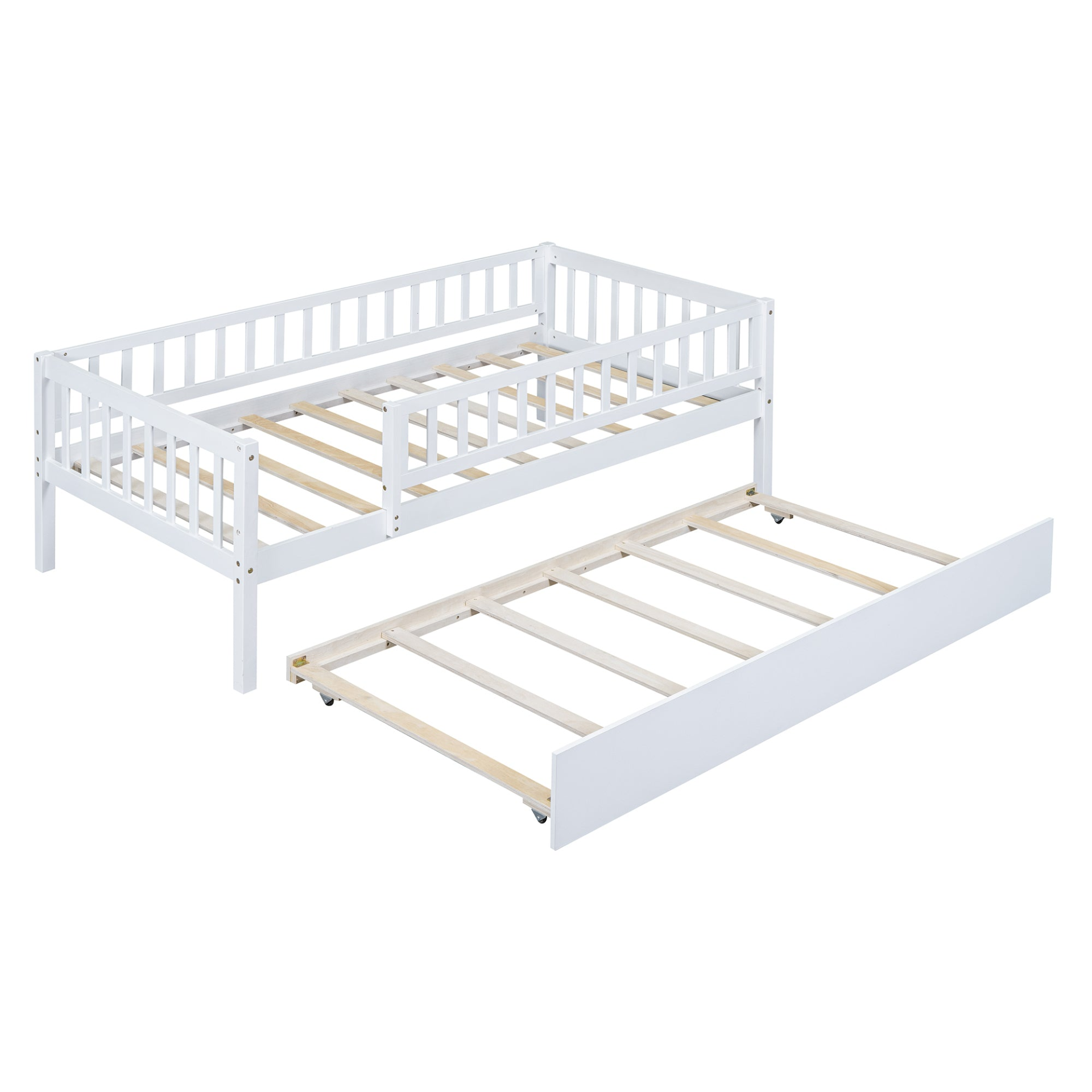 Start2Finish wood daybed with trundle and fence guardrails, ideal for home, guest room, or kids&