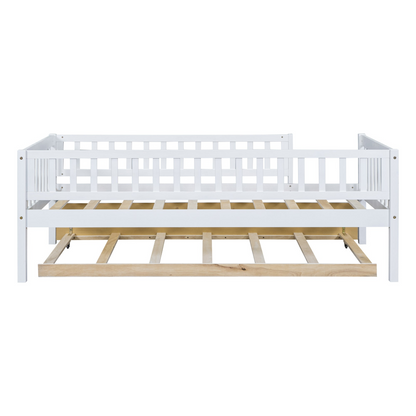 Start2Finish wood daybed with trundle and fence guardrails, ideal for home, guest room, or kids&