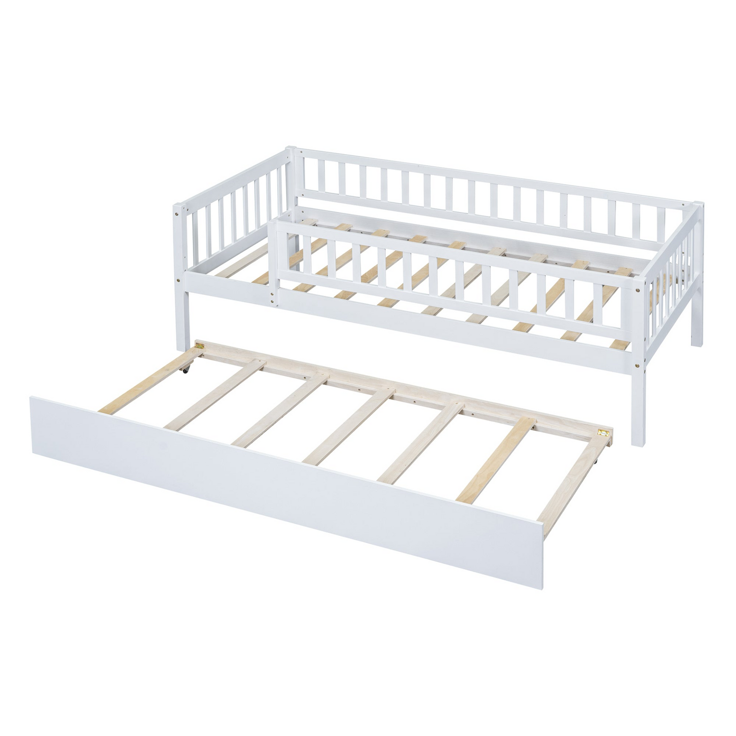 Start2Finish wood daybed with trundle and fence guardrails, shown in a cozy bedroom setting with pillows and bedding.