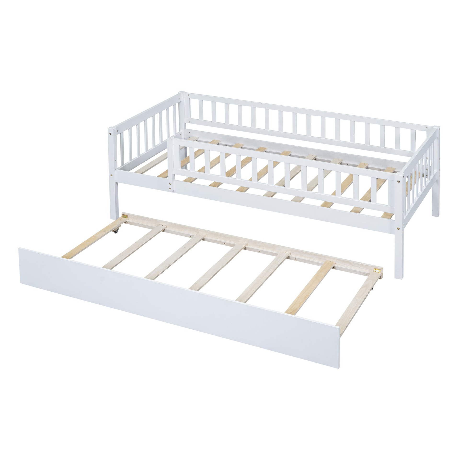Start2Finish wood daybed with trundle and fence guardrails, shown in a cozy bedroom setting with pillows and bedding.