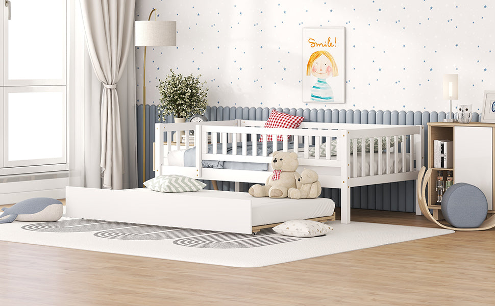 Wood daybed with trundle and fence guardrails from Start2Finish, shown in a cozy home bedroom setting with bedding and pillows.