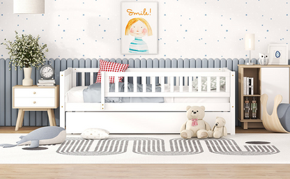 Wood daybed with trundle and fence guardrails in a cozy bedroom setting, perfect for home, guest room, or kids&
