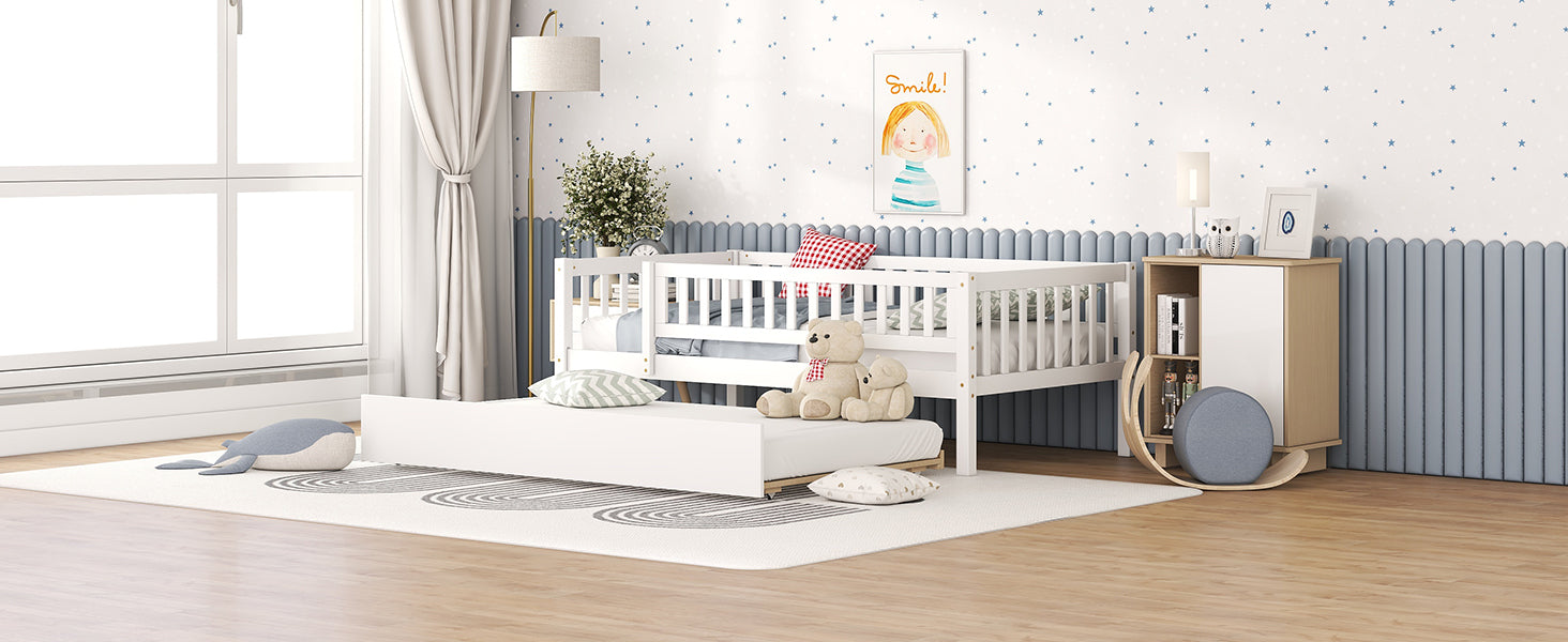 Wood daybed with trundle and fence guardrails from Start2Finish, ideal for home, guest room, or kids&