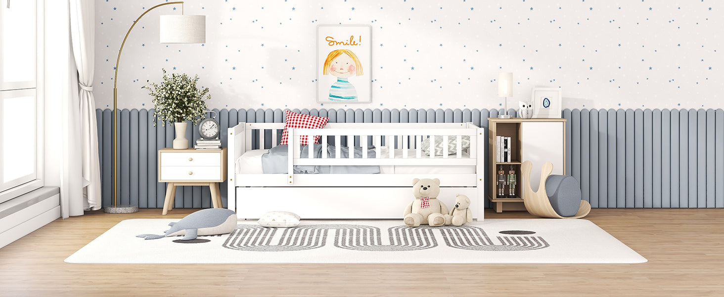 Wood daybed with trundle and fence guardrails, crafted by Start2Finish, shown in a cozy home bedroom setting.
