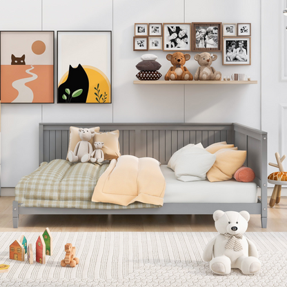 Full size wood daybed with solid wood frame, showcasing a classic design and easy assembly for versatile bedroom or living room use.