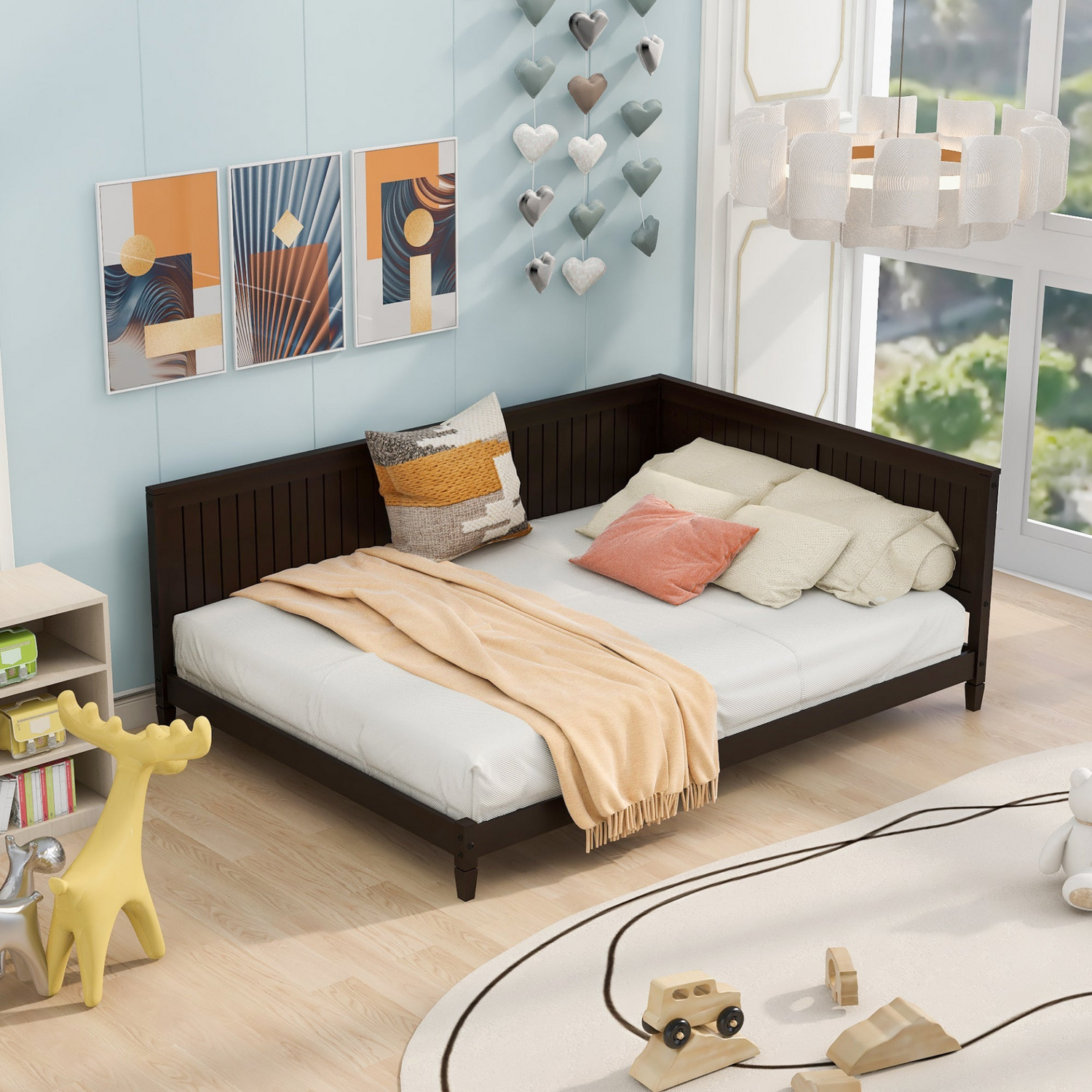 Full size wood daybed with solid wood frame, sofa bed design, durable construction, and easy assembly, by Start2Finish.