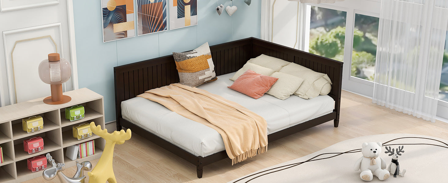 Full size wood daybed with classic solid wood frame, durable build, and easy assembly, suitable as sofa bed for living space.