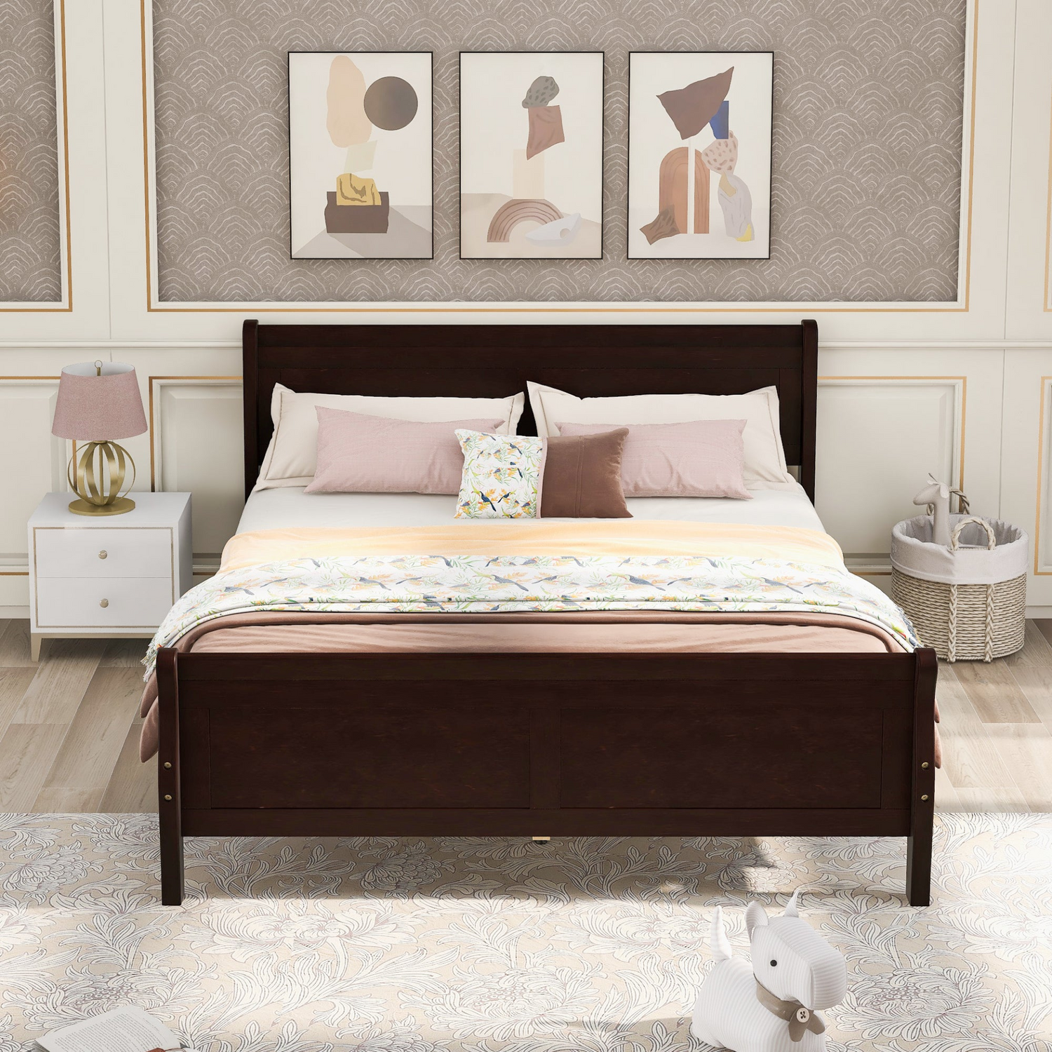 Full size Start2Finish wood platform bed with headboard and wooden slat support for mattress, shown in natural wood finish.
