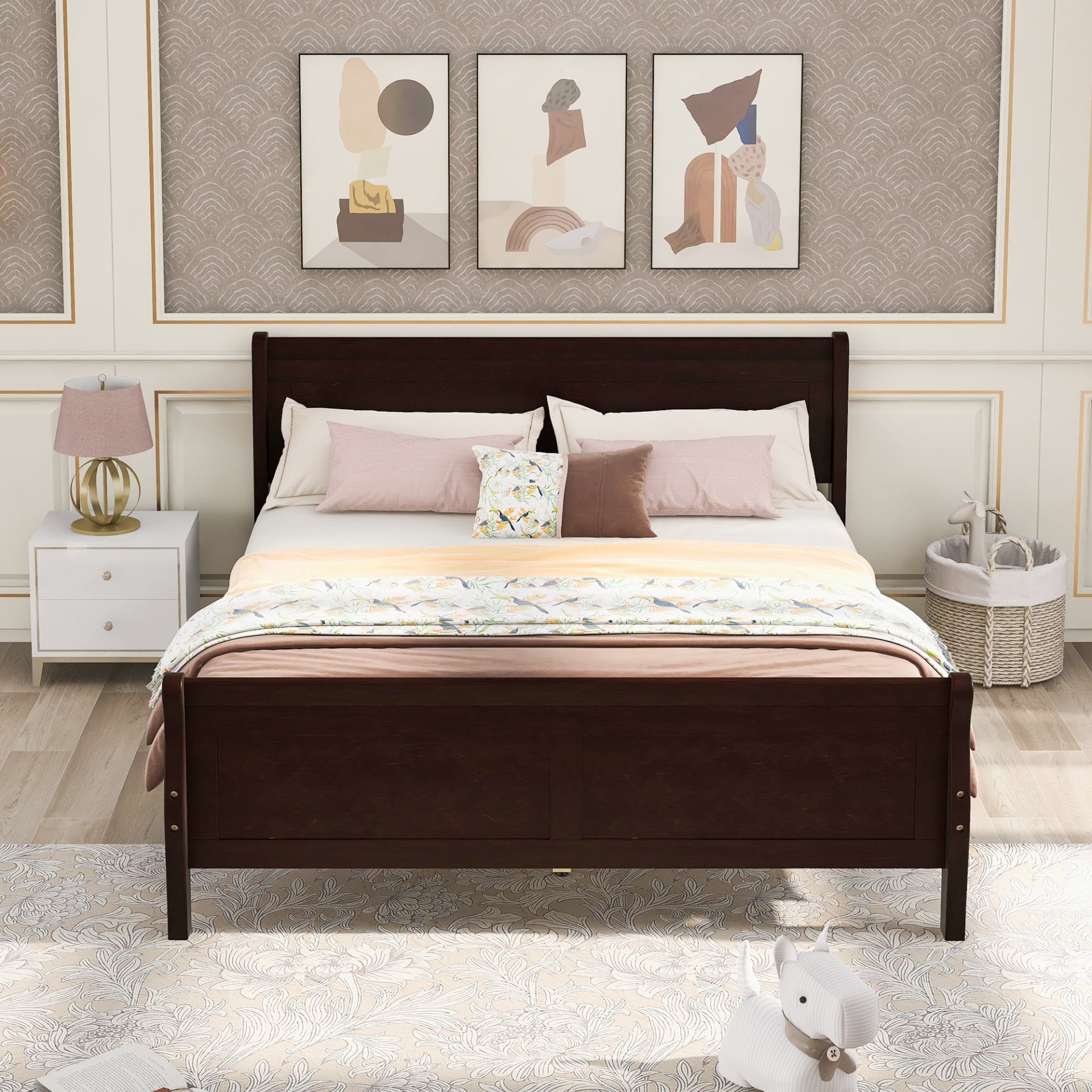 Full size Start2Finish wood platform bed with headboard and wooden slat support for mattress, shown in natural wood finish.