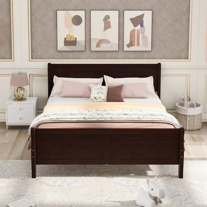 Full size Start2Finish wood platform bed with headboard and wooden slat support for mattress, shown in natural wood finish.