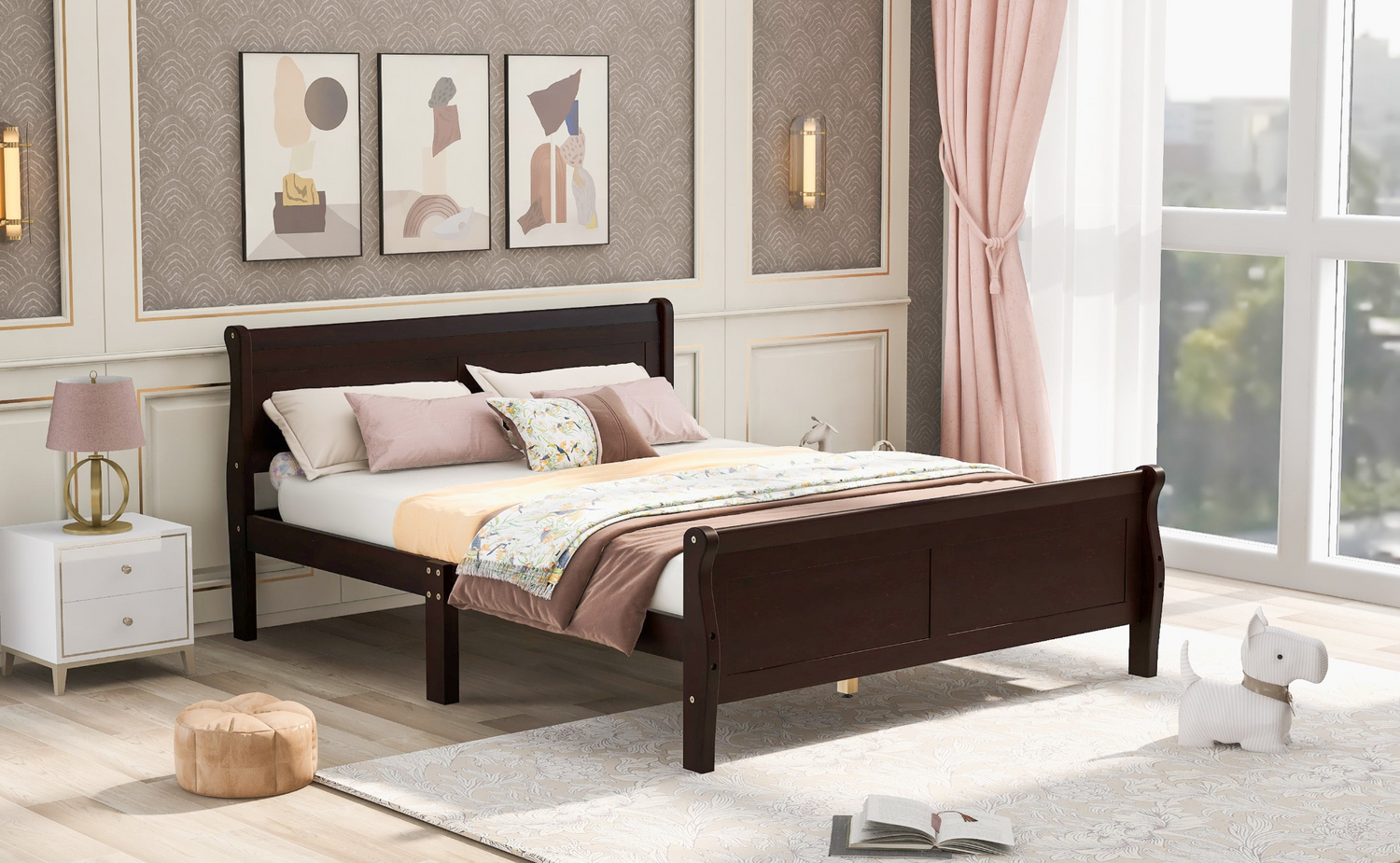 Full size Start2Finish wood platform bed with headboard and wooden slat support for mattress in a bedroom setting