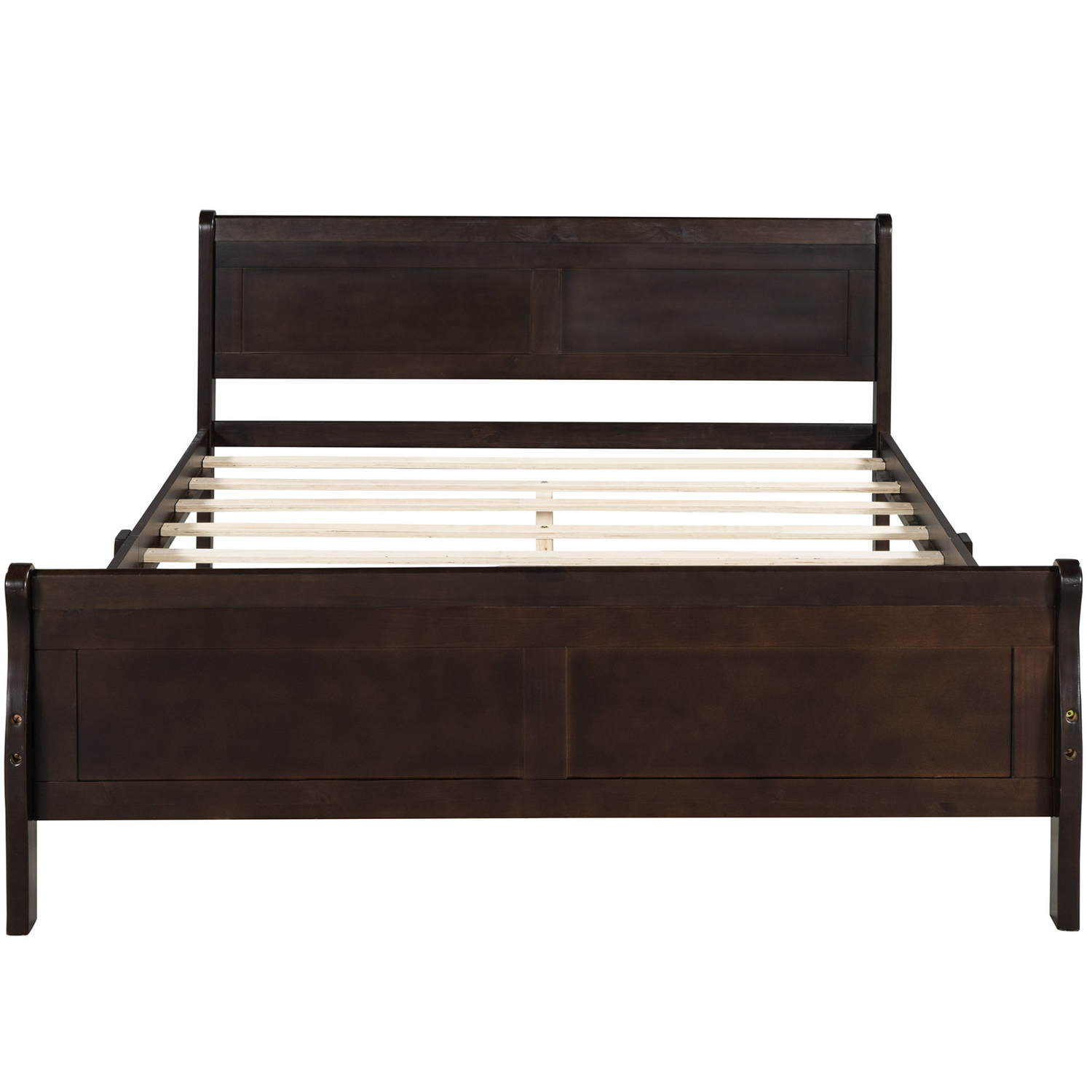 Start2Finish full size wood platform bed with headboard and wooden slat support for mattress, showcasing the sturdy frame and natural wood finish.