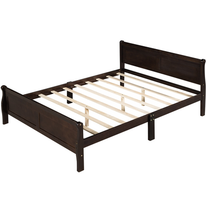Full size wooden platform bed with headboard and slat support from Start2Finish, showcasing the sturdy frame and natural wood finish.