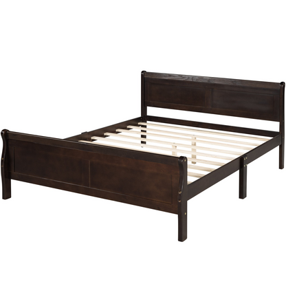 Full size wooden platform bed with headboard and slat support from Start2Finish, showcasing the sturdy wooden frame and mattress support.