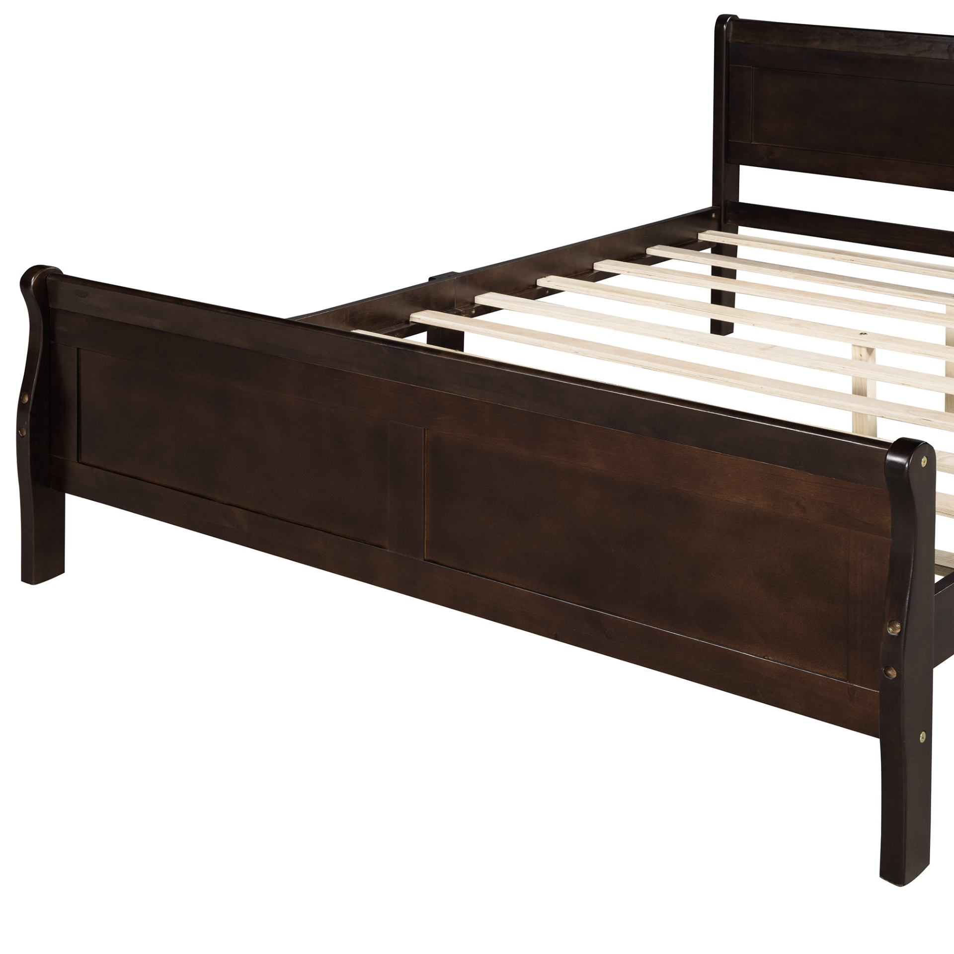 Start2Finish full size wood platform bed with headboard and wooden slat support, featuring a sturdy wooden frame and mattress base.