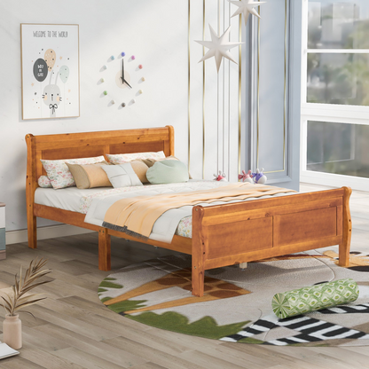 Start2Finish full size wood platform bed with headboard and wooden slat support for mattress, showcasing the sturdy wooden construction.