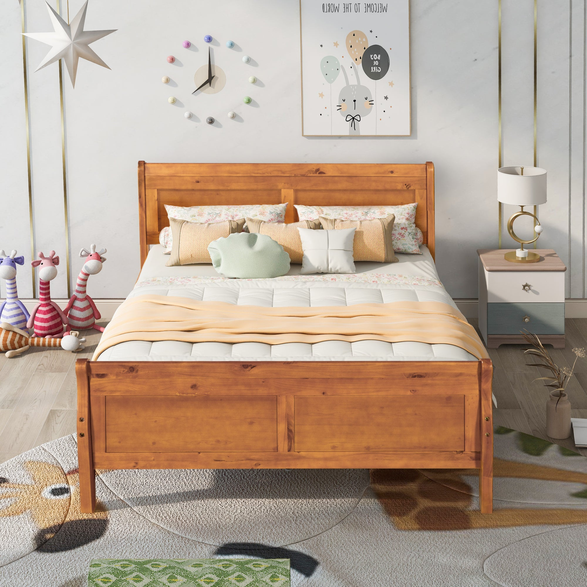 Start2Finish full size wood platform bed with headboard and wooden slat support for mattress, showcasing clean, sturdy design.