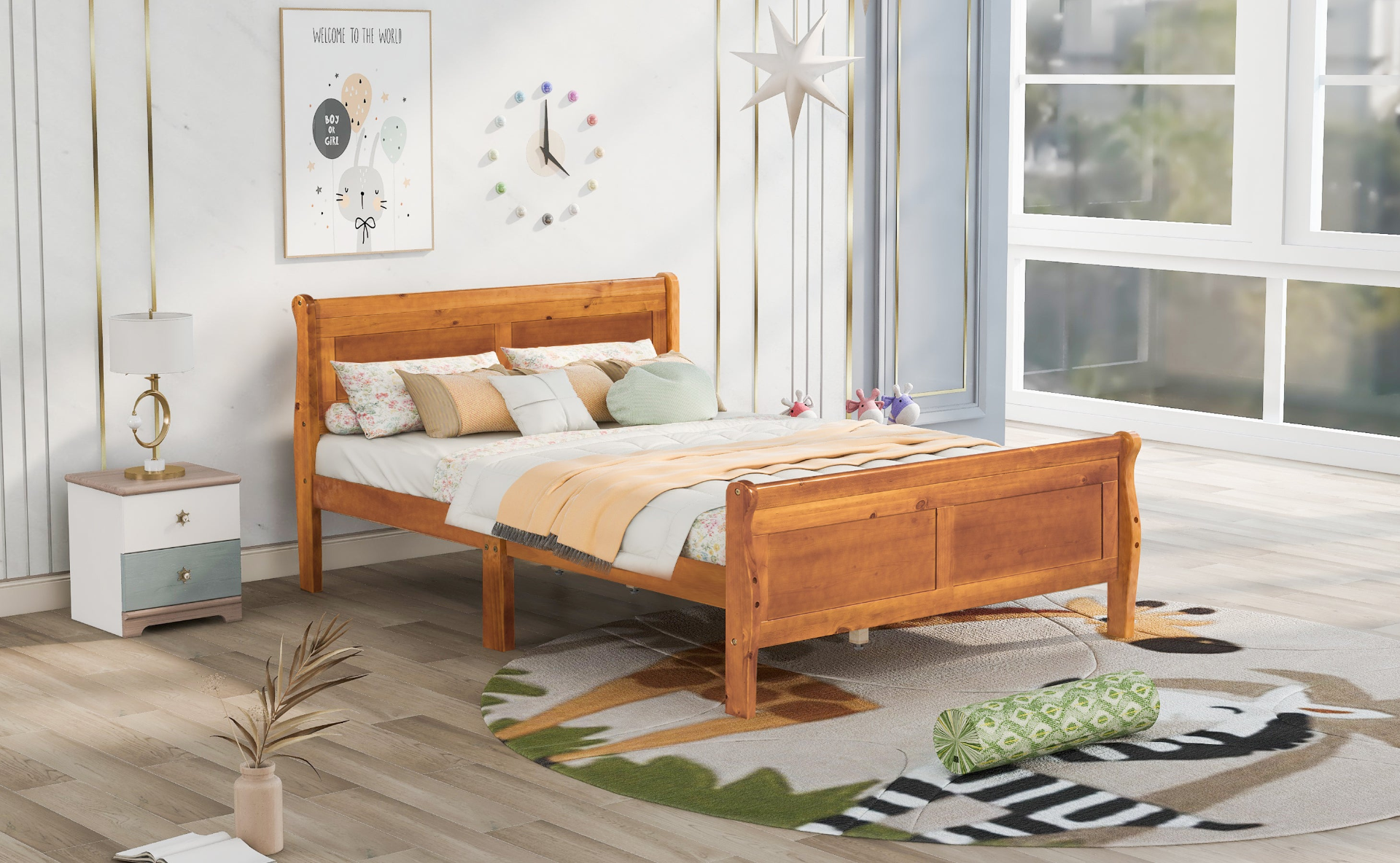 Full size wood platform bed with headboard and wooden slat support, showcasing the sturdy frame and natural wood finish.