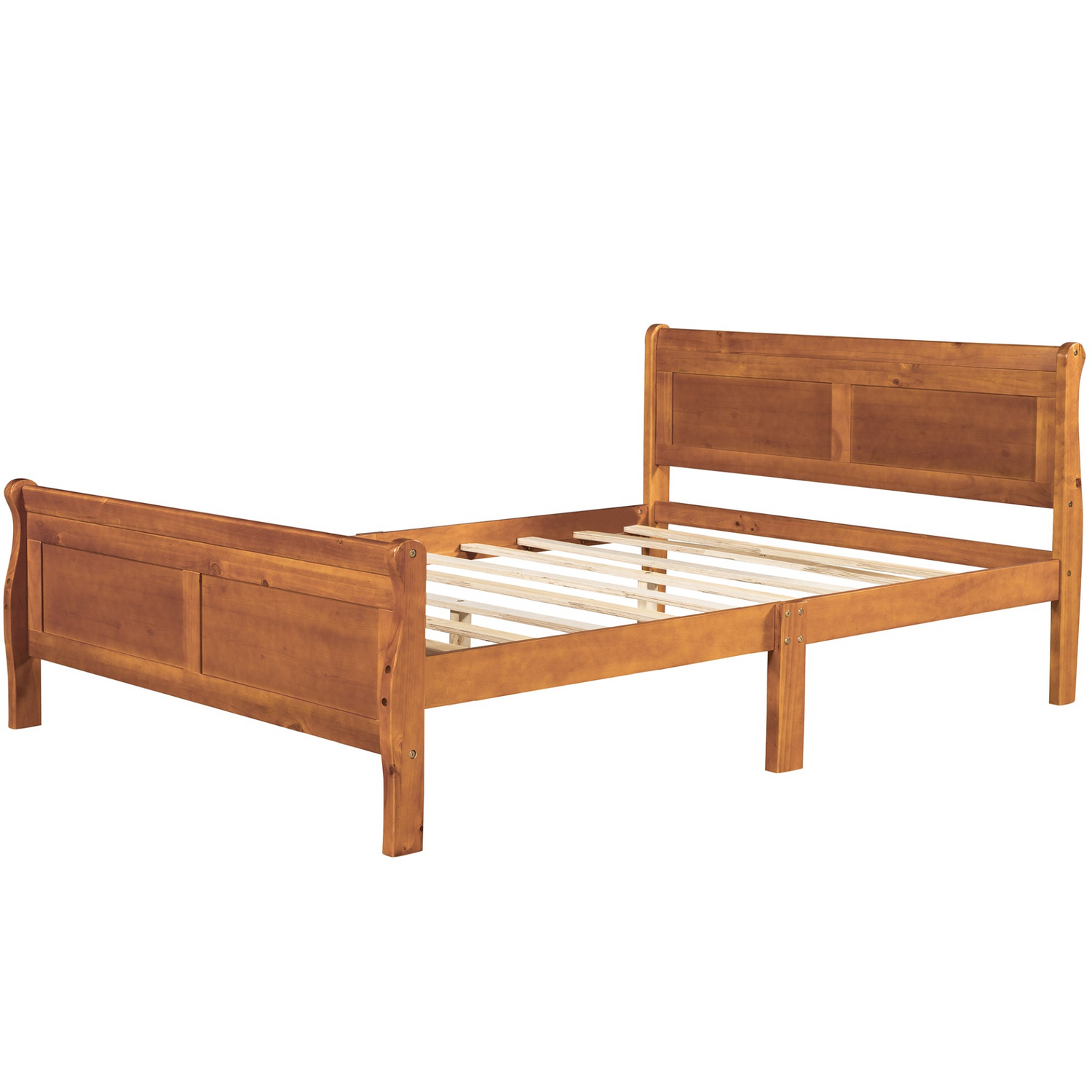 Full size wood platform bed with headboard and wooden slat support for mattress, by Start2Finish, shown with a clean wooden finish.