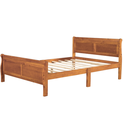 Full size wood platform bed with headboard and wooden slat support for mattress, by Start2Finish, shown with a clean wooden finish.