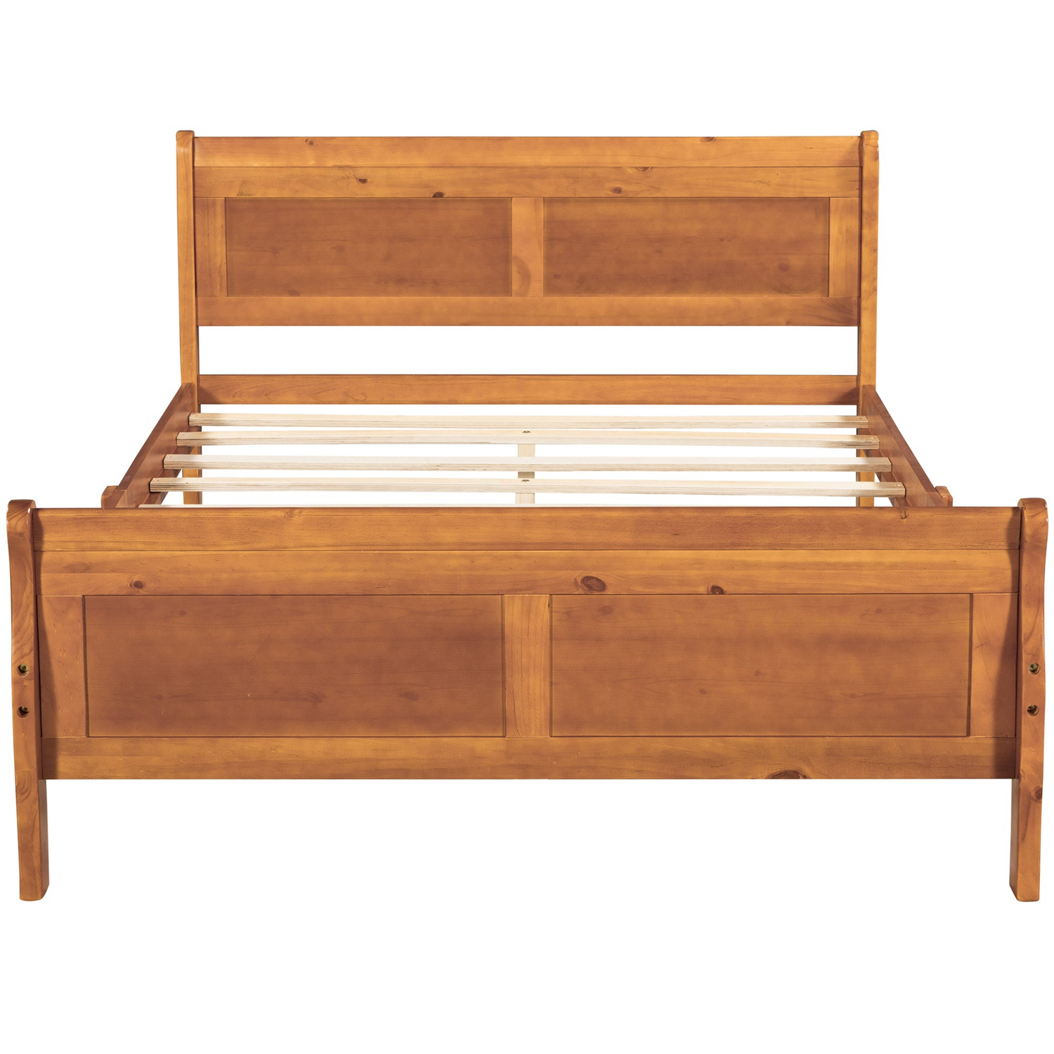 Full size wood platform bed with headboard and wooden slat support, featuring a sturdy frame and natural wooden finish.