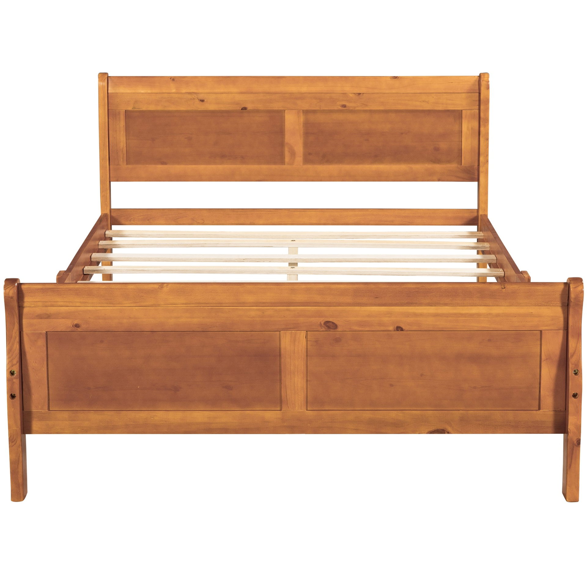 Full size wood platform bed with headboard and wooden slat support, featuring a sturdy frame and natural wooden finish.