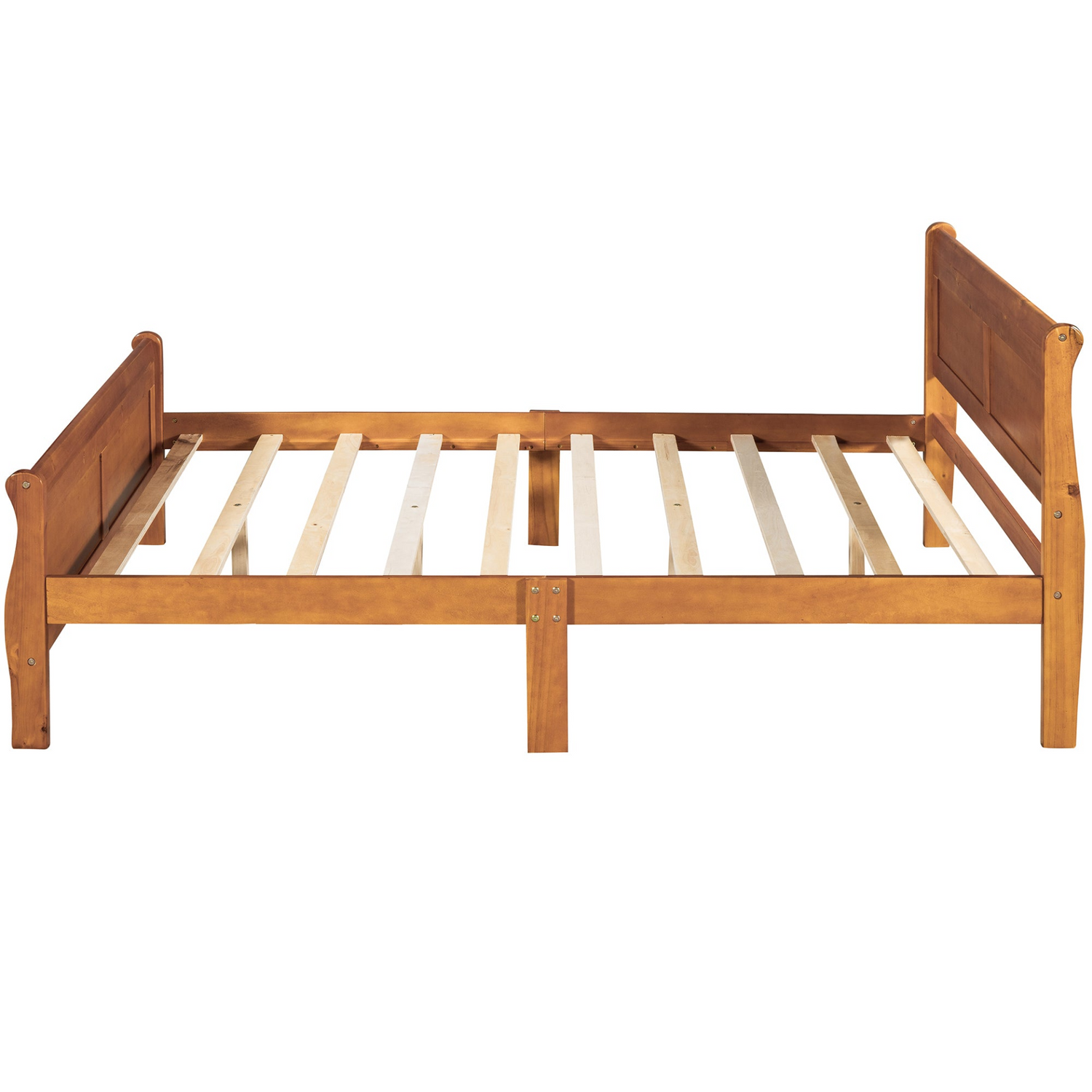 Full size wooden platform bed with headboard and slat support from Start2Finish, showcasing the sleek wood finish and sturdy construction.