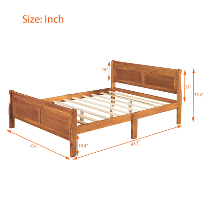 Start2Finish full size wood platform bed with headboard and wooden slat support for mattress, showcasing sturdy, stylish bedroom furniture.