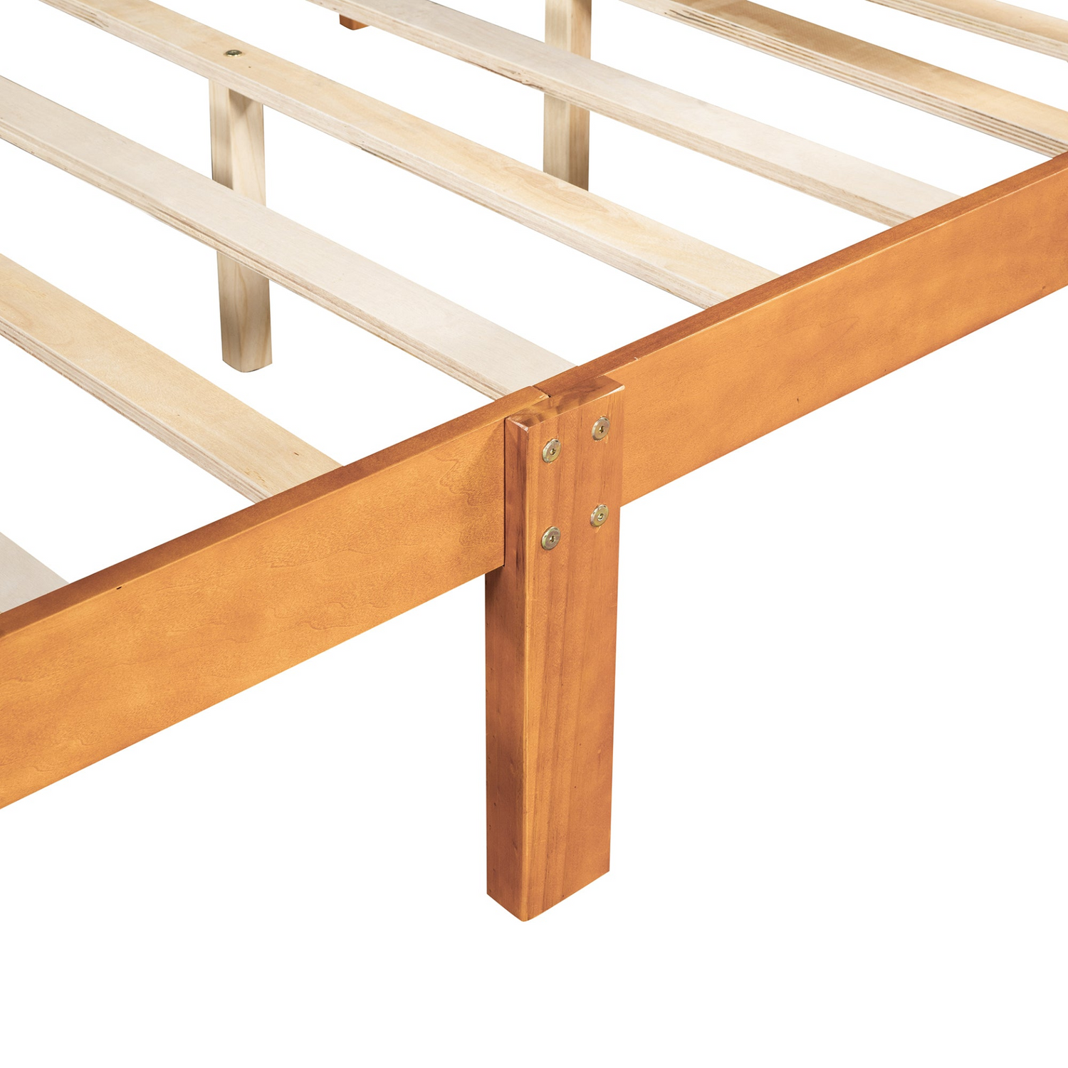 Full size wooden platform bed with headboard and slat support from Start2Finish, showcasing the sturdy wood frame and mattress base.