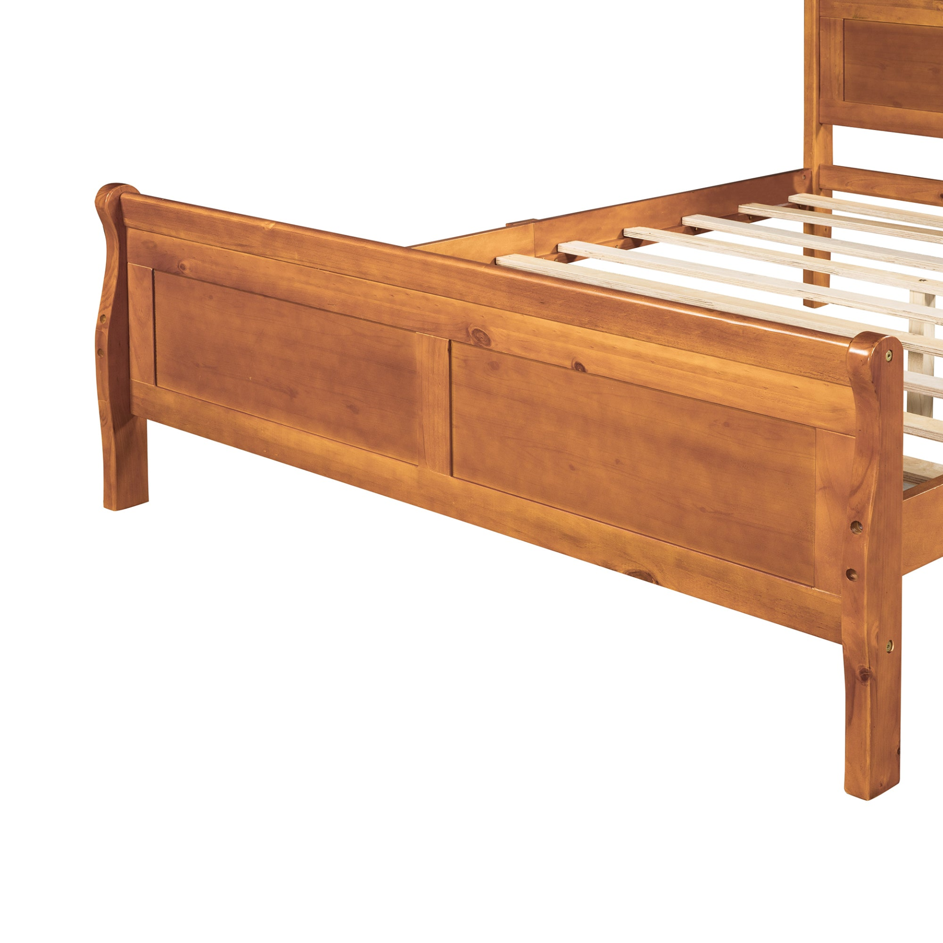 Full size wooden platform bed with headboard and wooden slat support, showcasing the sturdy frame and natural wood finish.