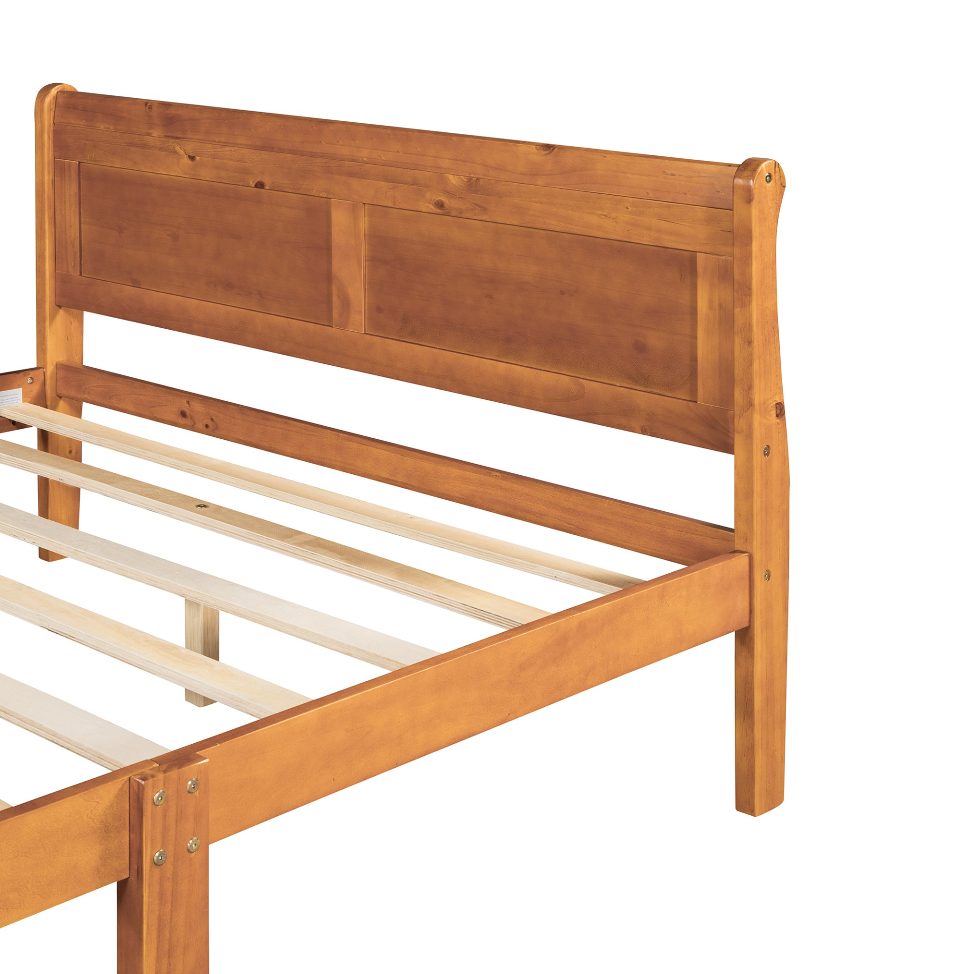 Full size wood platform bed with headboard and wooden slat support, showcasing a sturdy, natural wood design from Start2Finish.
