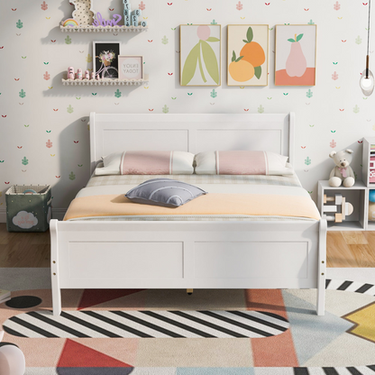 Start2Finish full size wood platform bed with headboard and wooden slat support for mattress, showcasing the sturdy wooden frame.