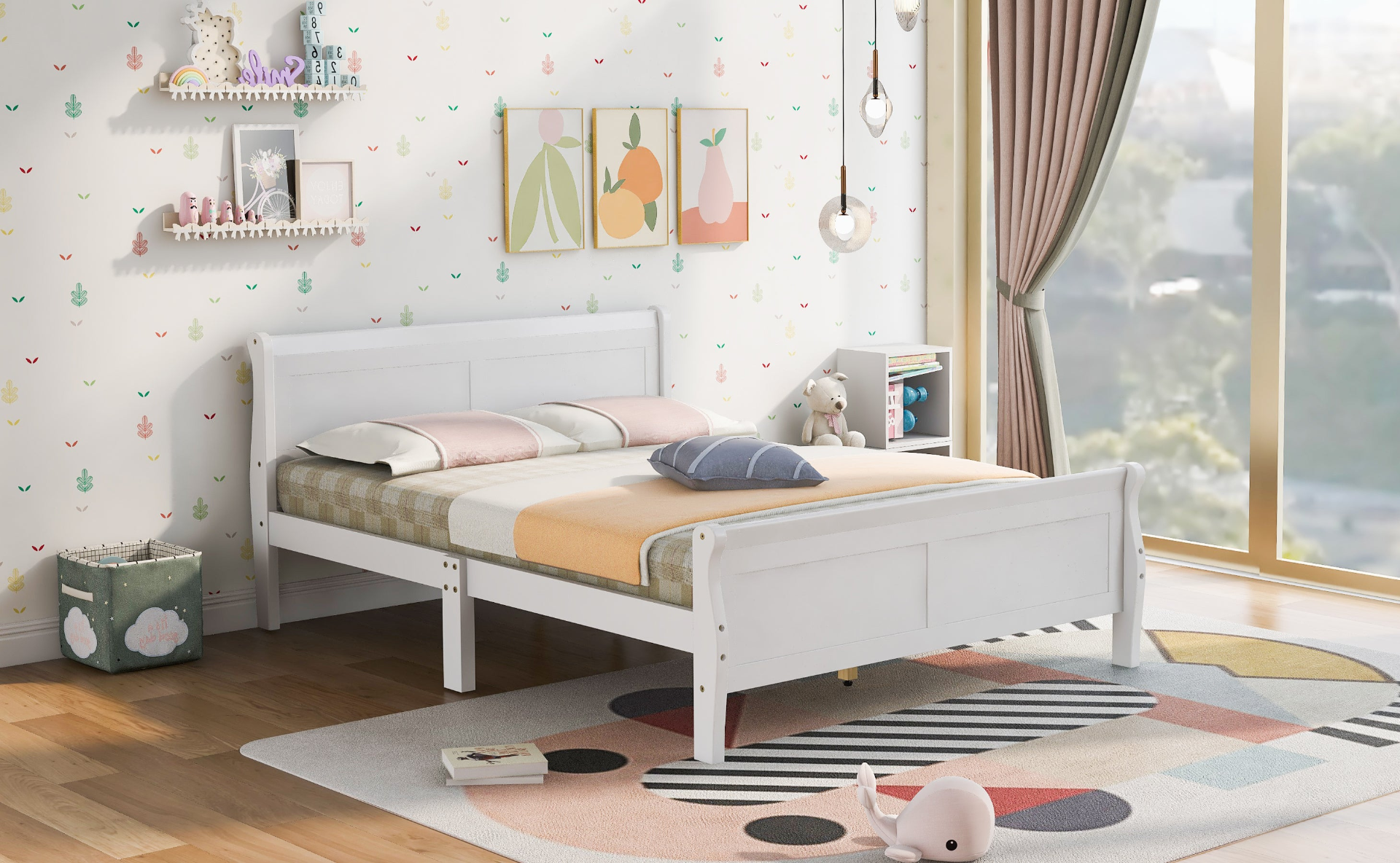 Start2Finish full size wood platform bed with headboard and wooden slat support for mattress, shown in a well-lit bedroom setting.