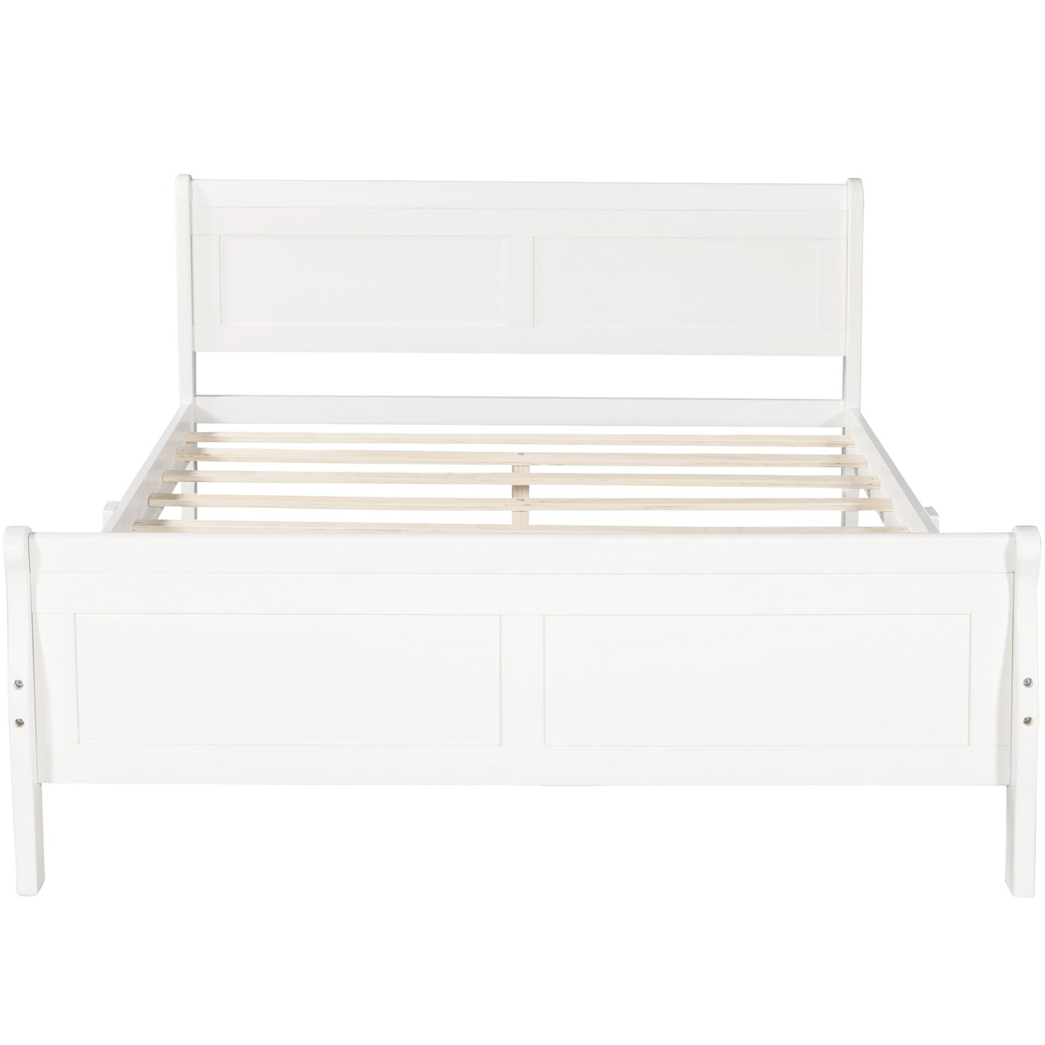 Start2Finish full size wooden platform bed with headboard and slat support, showcasing the sturdy wood frame and mattress compatibility.