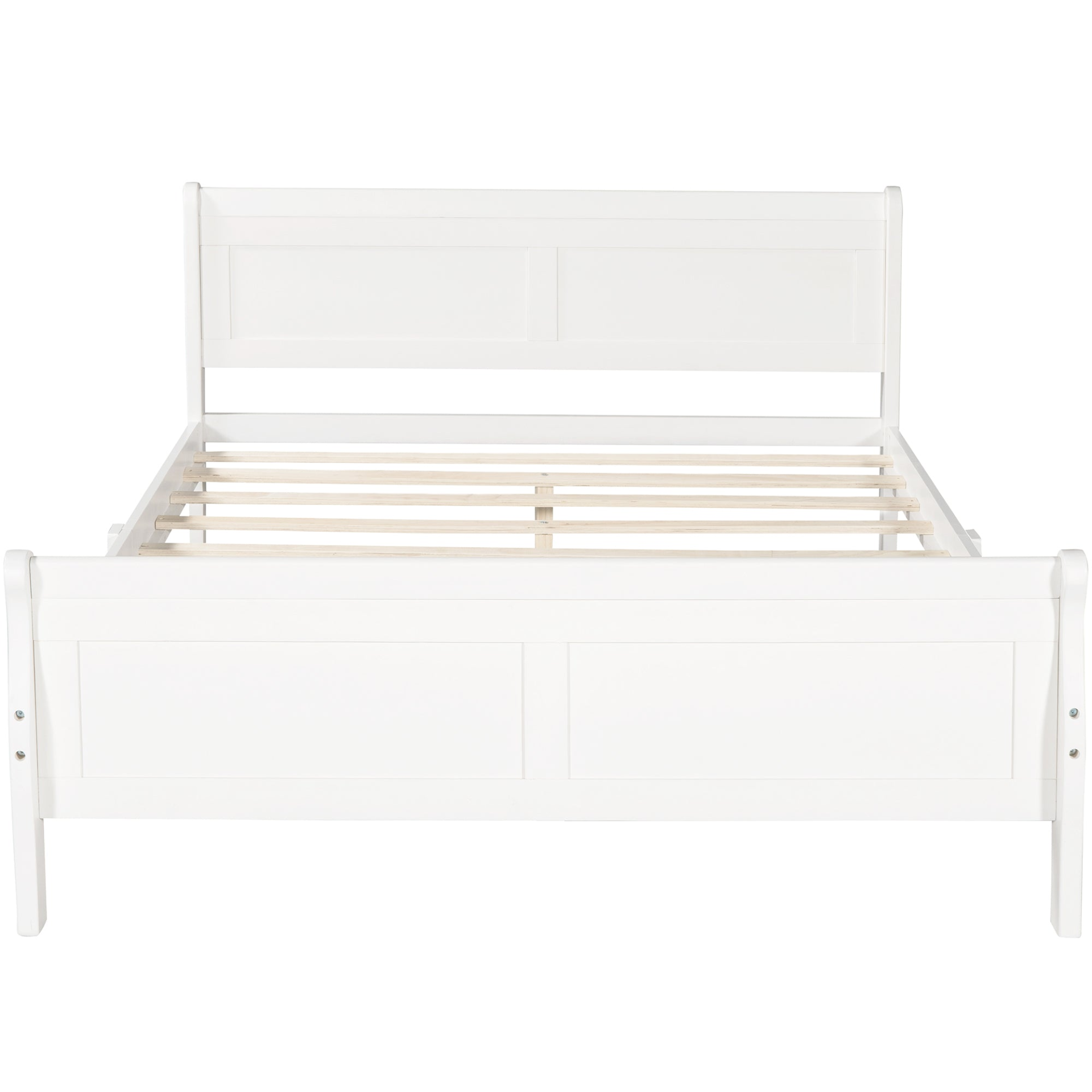Start2Finish full size wooden platform bed with headboard and slat support, showcasing the sturdy wood frame and mattress compatibility.