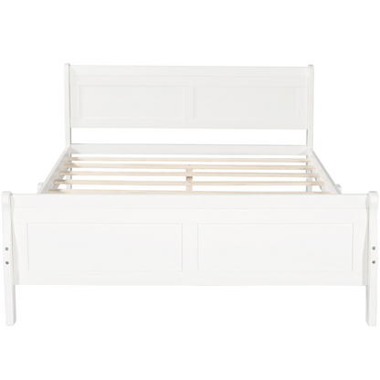 Start2Finish full size wooden platform bed with headboard and slat support, showcasing the sturdy wood frame and mattress compatibility.