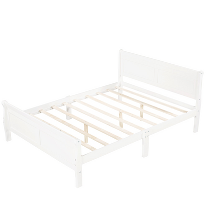 Full size wood platform bed with headboard and wooden slat support, featuring a sleek wooden finish and sturdy construction.