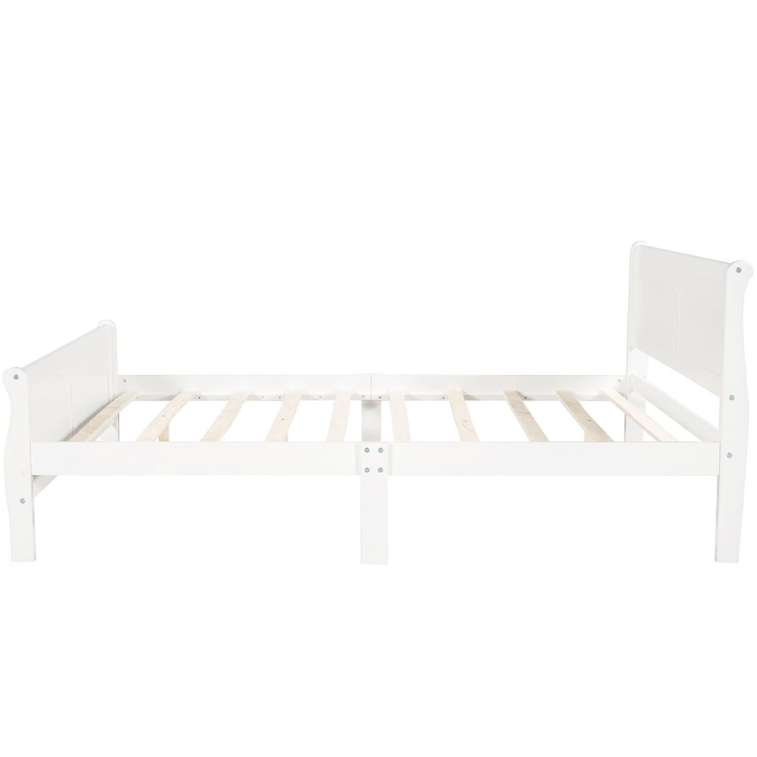 Full size wooden platform bed with headboard and slat support, showcasing natural wood finish and sturdy construction from Start2Finish.