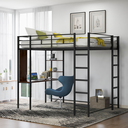 Start2Finish metal loft bed with built-in desk and two shelves, ideal for bedroom use, featuring sturdy full-size metal construction.