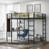 Start2Finish metal loft bed with built-in desk and two shelves, ideal for bedroom use, featuring sturdy full-size metal construction.