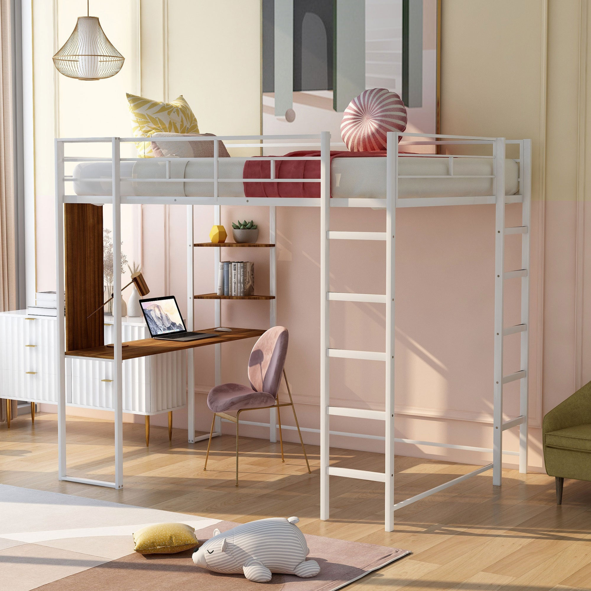 Start2Finish metal loft bed with two shelves and desk, sturdy full-size bedroom furniture with space-saving design