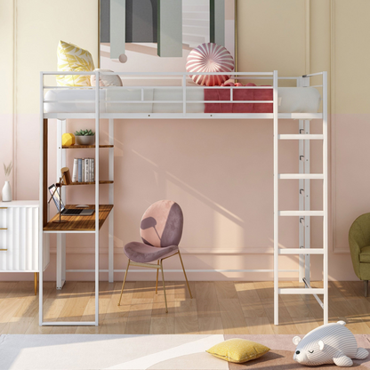 Start2Finish full size metal loft bed with two shelves and desk, showcasing sturdy frame and functional bedroom design.