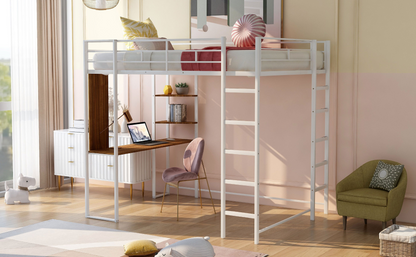 Start2Finish full-size metal loft bed with built-in desk and two shelves, ideal for bedroom organization and space-saving.