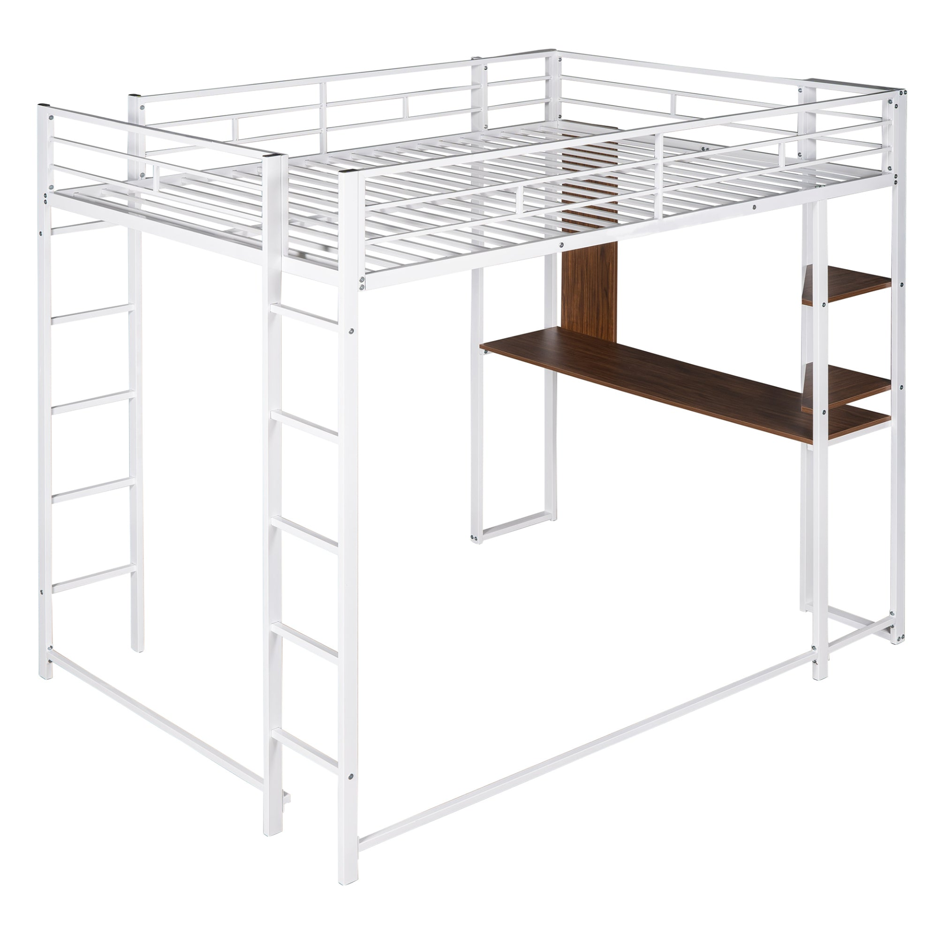 Start2Finish metal loft bed with built-in desk and two shelves, sturdy full size frame for bedroom use.