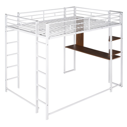 Start2Finish metal loft bed with built-in desk and two shelves, sturdy full size frame for bedroom use.