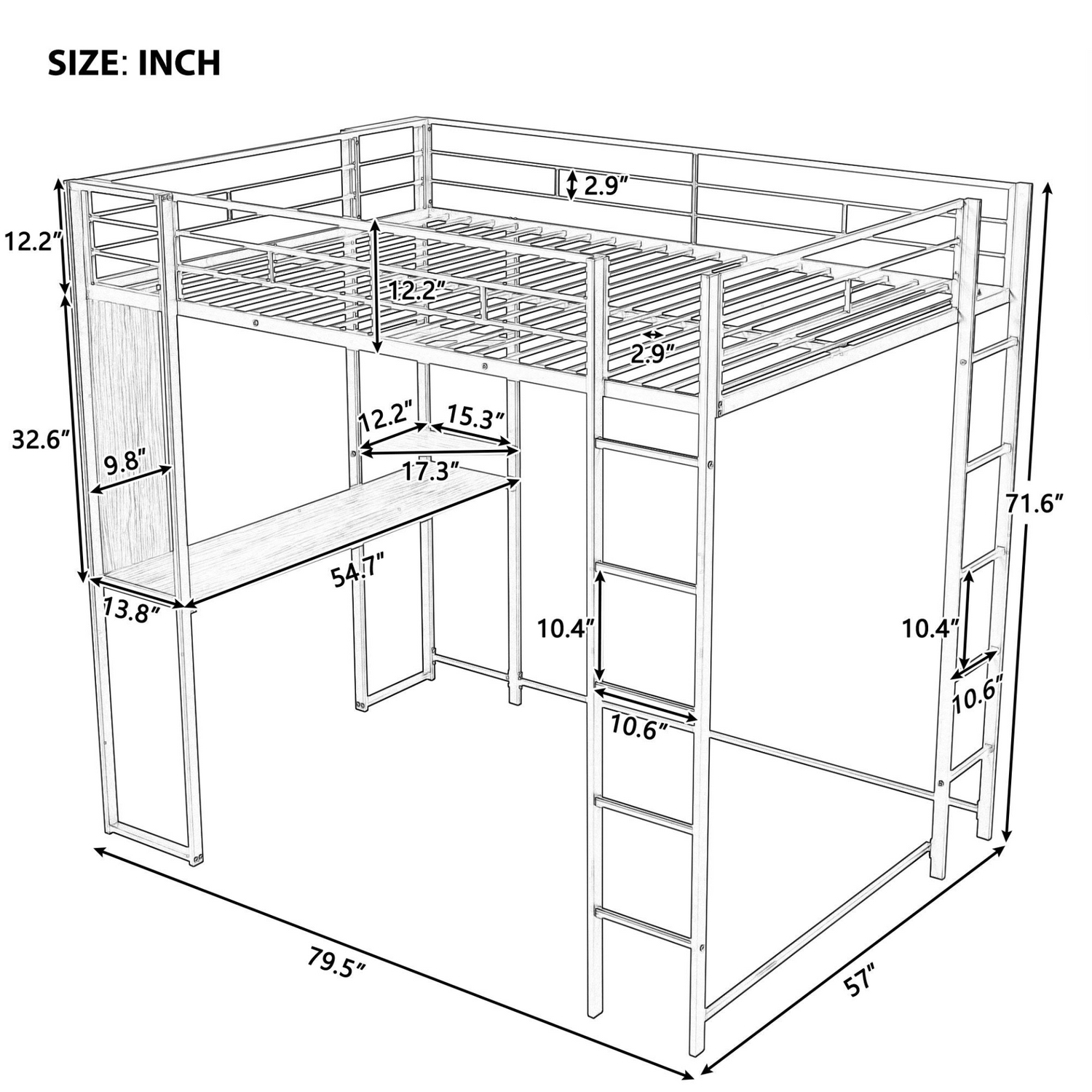 Start2Finish metal loft bed with built-in desk and two shelves, ideal for bedroom use, sturdy full-size design.