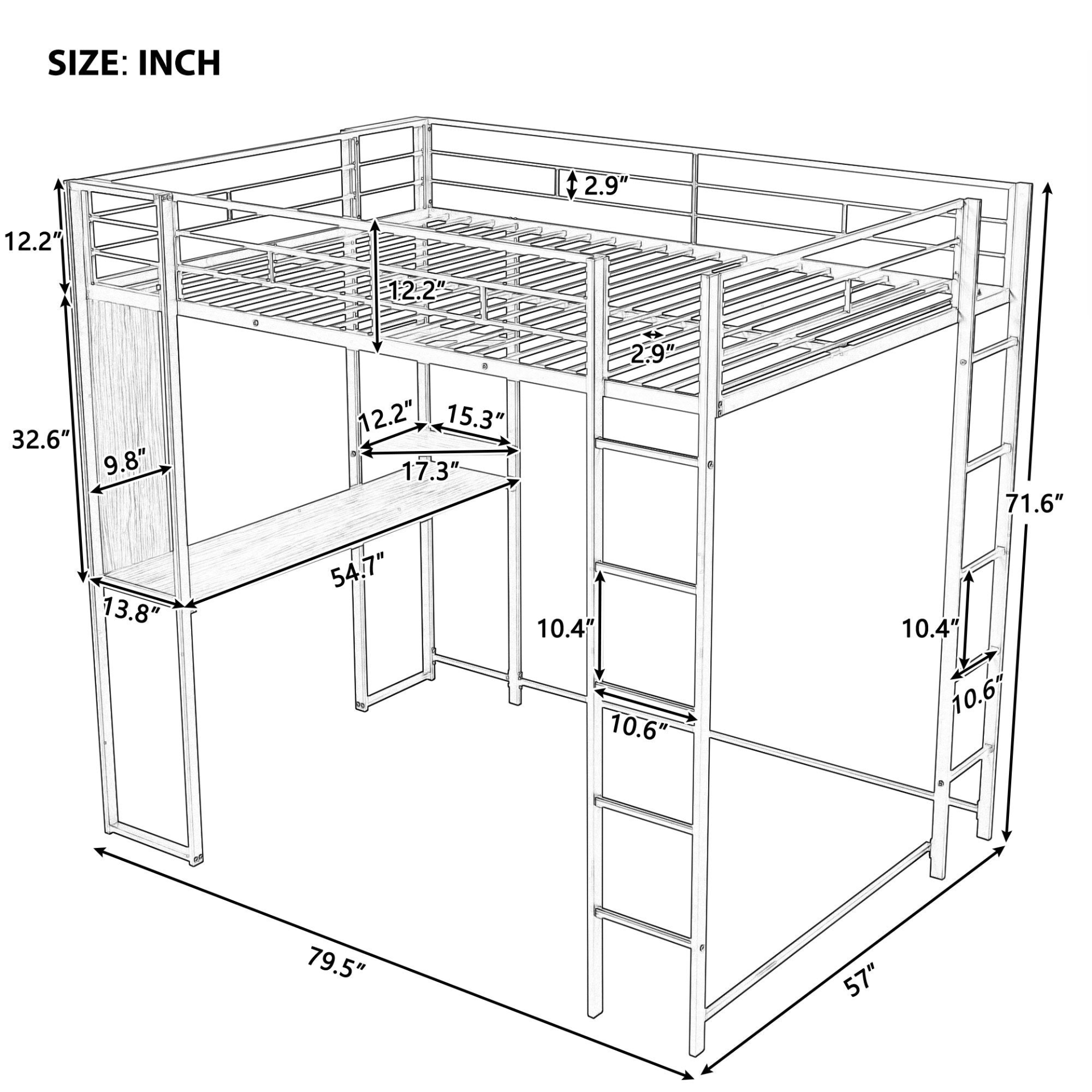 Start2Finish metal loft bed with built-in desk and two shelves, ideal for bedroom use, sturdy full-size design.