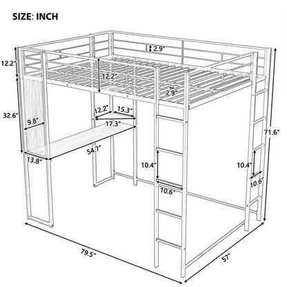 Start2Finish metal loft bed with built-in desk and two shelves, ideal for bedroom use, sturdy full-size design.