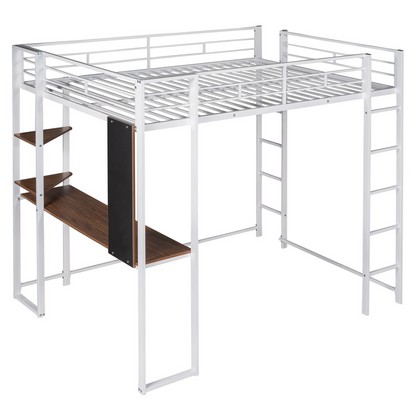 Start2Finish metal loft bed with two shelves and desk, sturdy full-size bedroom furniture with modern design and ample storage space.